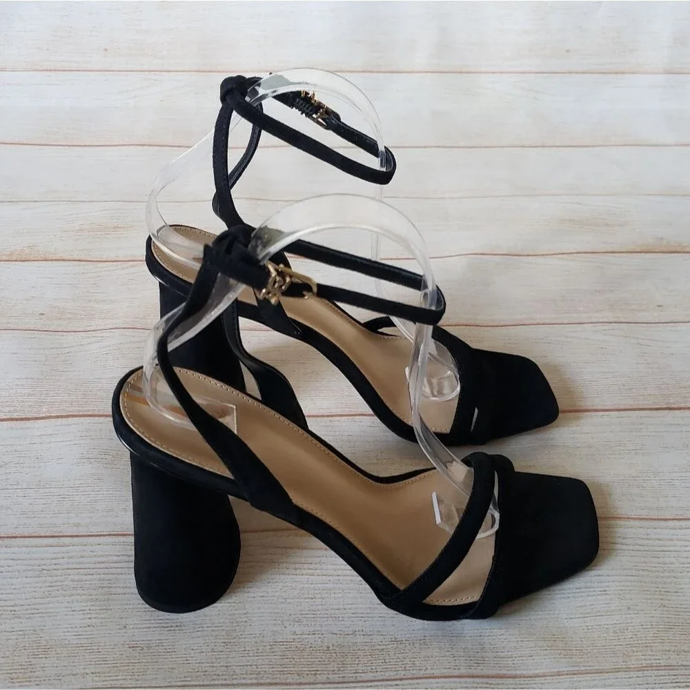 Sam Edelman Kia Suede Ankle Strap Heel Sandals Black Women's Size 10M Square Toe